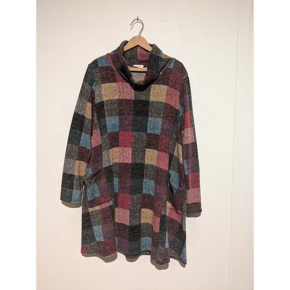 ODDY Patchwork Knit Swing Dress Womens M Long Sleeve Turtleneck Pockets